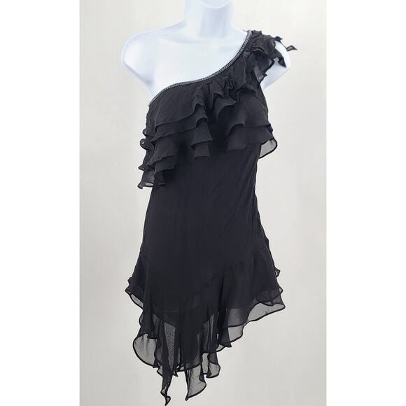 Orna Faro Vintage Y2K women's black silk ruffle tiers one shoulder dress Sz 40 - Picture 1 of 8